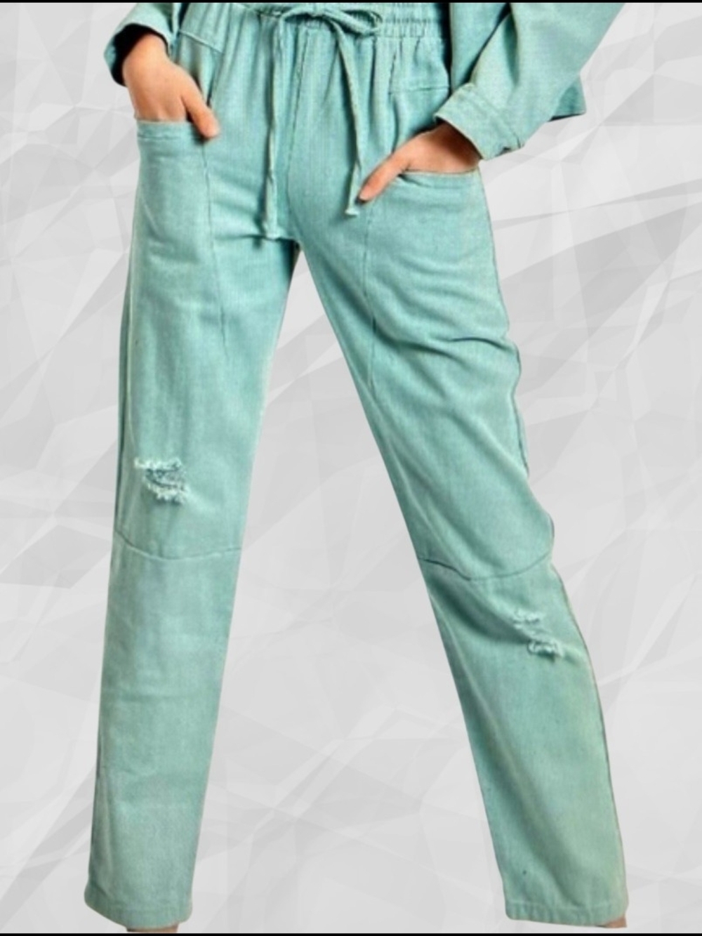 EASEL Mint Green Distressed Straight-Leg Drawstring Jeans MED